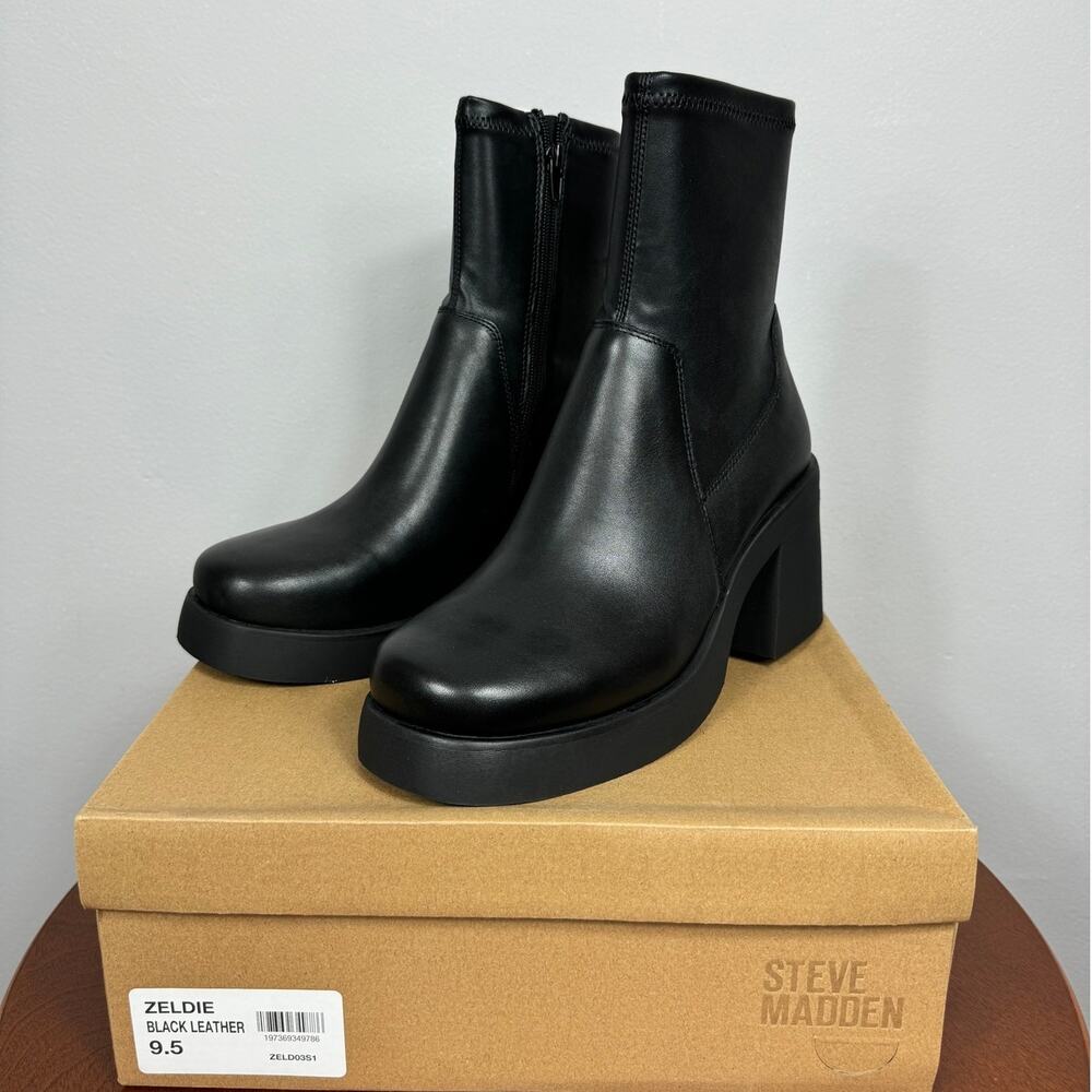 New Steve Madden Zeldie Platform Sock Bootie in Black Leather Women's Size 9.5